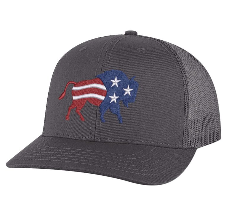 Classic American flag bison trucker hat with embroidered bison design, mesh back, and adjustable snapback closure.