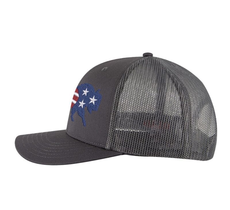 Classic American flag bison trucker hat with embroidered bison design, mesh back, and adjustable snapback closure.