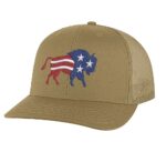 Classic American flag bison trucker hat with embroidered bison design, mesh back, and adjustable snapback closure.