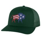 Classic American flag bison trucker hat with embroidered bison design, mesh back, and adjustable snapback closure.