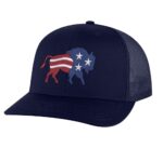 Classic American flag bison trucker hat with embroidered bison design, mesh back, and adjustable snapback closure.
