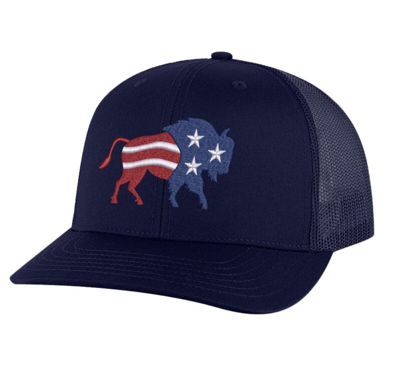 Classic American flag bison trucker hat with embroidered bison design, mesh back, and adjustable snapback closure.