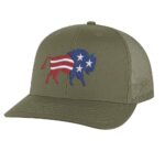 American bison hat with embroidered bison in red, white, and blue colors, mesh back and adjustable snapback closure