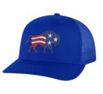 Classic American flag bison trucker hat with embroidered bison design, mesh back, and adjustable snapback closure.