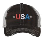 Distressed Trucker Hat with Embroidered USA in Red, White & Blue - Mesh Strapback Cap