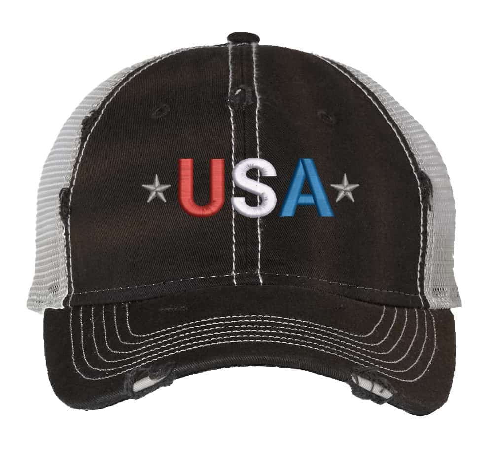 Distressed Trucker Hat with Embroidered USA in Red, White & Blue - Mesh Strapback Cap