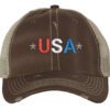 Distressed Trucker Hat with Embroidered USA in Red, White & Blue - Mesh Strapback Cap