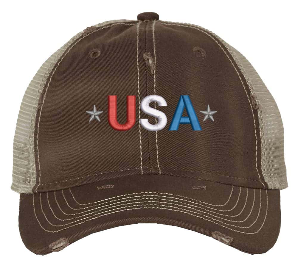 Distressed Trucker Hat with Embroidered USA in Red, White & Blue - Mesh Strapback Cap