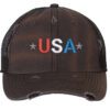 Distressed Trucker Hat with Embroidered USA in Red, White & Blue - Mesh Strapback Cap