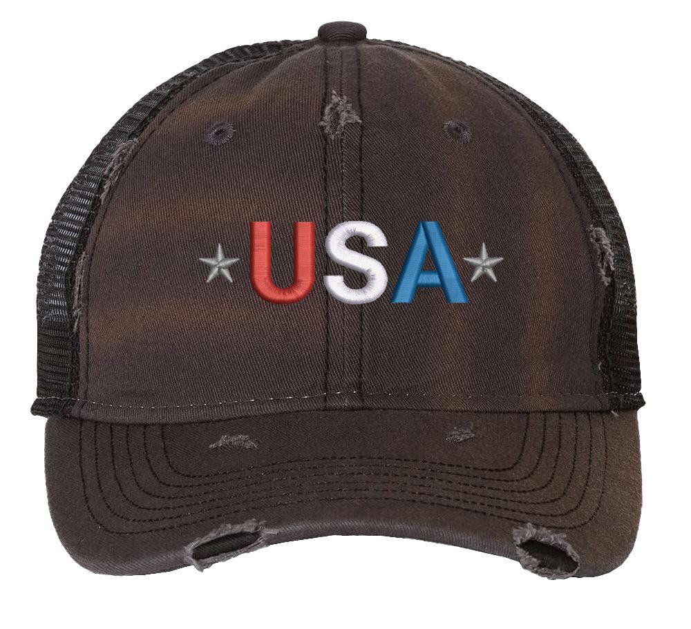 Distressed Trucker Hat with Embroidered USA in Red, White & Blue - Mesh Strapback Cap