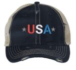 Distressed Trucker Hat with Embroidered USA in Red, White & Blue - Mesh Strapback Cap