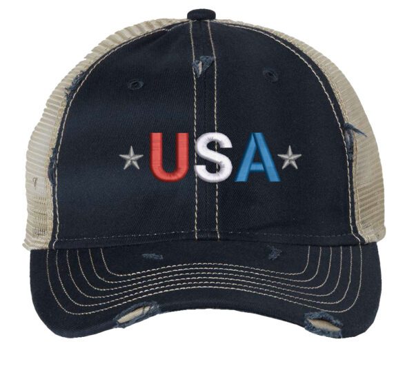 Distressed Trucker Hat with Embroidered USA in Red, White & Blue - Mesh Strapback Cap