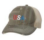 Distressed Trucker Hat with Embroidered USA in Red, White & Blue - Mesh Strapback Cap
