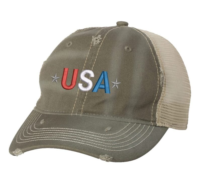 Distressed Trucker Hat with Embroidered USA in Red, White & Blue - Mesh Strapback Cap