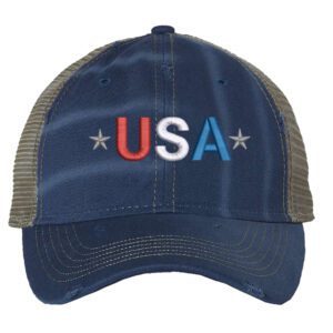 Distressed Trucker Hat with Embroidered USA in Red, White & Blue - Mesh Strapback Cap