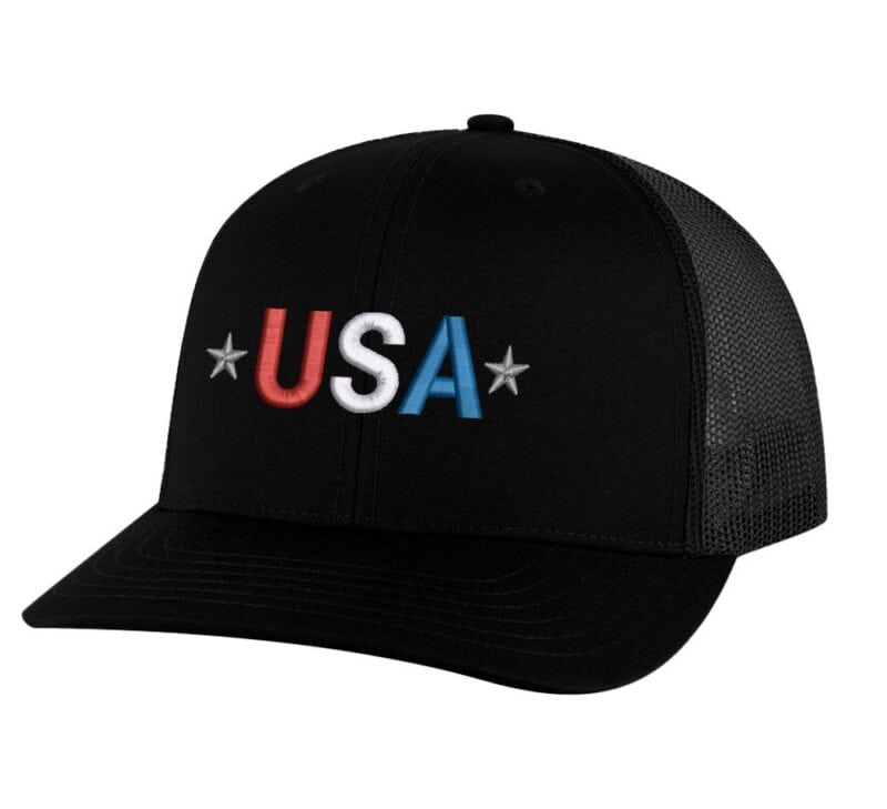 USA trucker hat with embroidered USA lettering in red, white, and blue colors, mesh back and adjustable snapback closure
