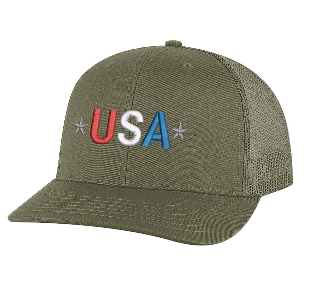 Classic Trucker Hat with Embroidered USA in Red, White & Blue - Mesh Snapback Cap