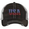Distressed Trucker Hat with Embroidered USA in American Flag Colors - Mesh Strapback Cap
