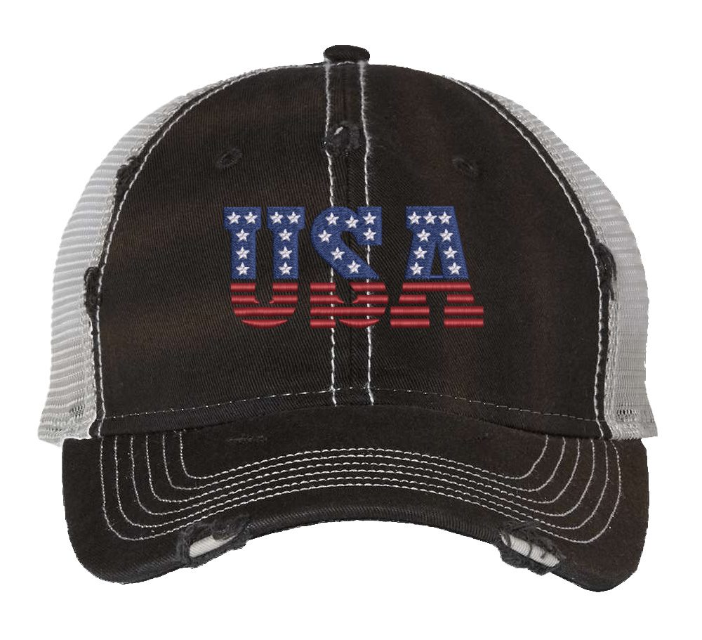 Distressed Trucker Hat with Embroidered USA in American Flag Colors - Mesh Strapback Cap