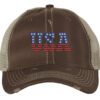 Distressed Trucker Hat with Embroidered USA in American Flag Colors - Mesh Strapback Cap