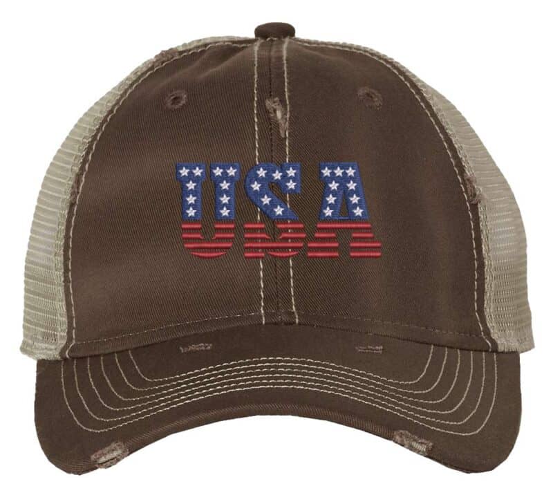 Distressed Trucker Hat with Embroidered USA in American Flag Colors - Mesh Strapback Cap