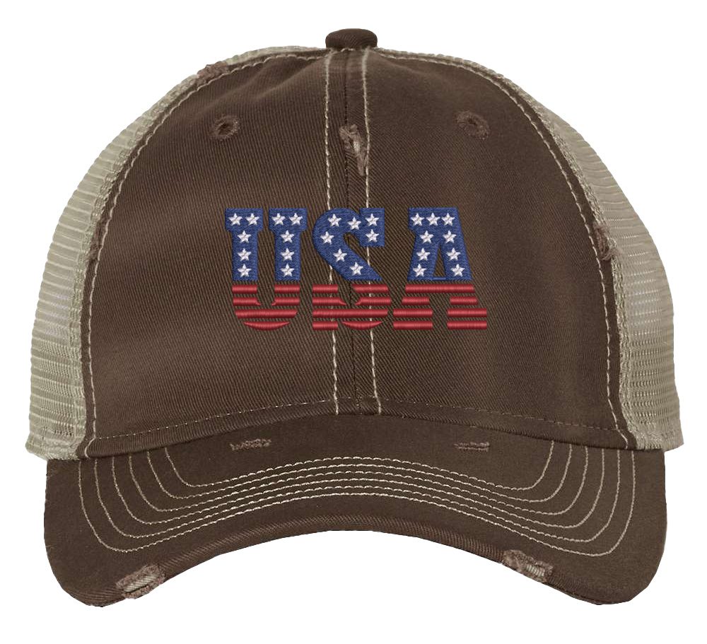 Distressed Trucker Hat with Embroidered USA in American Flag Colors - Mesh Strapback Cap