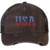 Distressed Trucker Hat with Embroidered USA in American Flag Colors - Mesh Strapback Cap