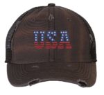 Distressed Trucker Hat with Embroidered USA in American Flag Colors - Mesh Strapback Cap