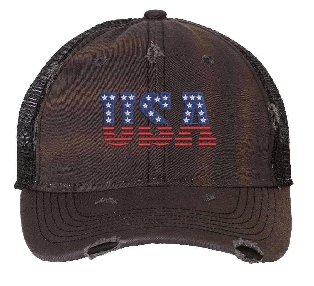 Distressed Trucker Hat with Embroidered USA in American Flag Colors - Mesh Strapback Cap