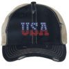 Distressed Trucker Hat with Embroidered USA in American Flag Colors - Mesh Strapback Cap