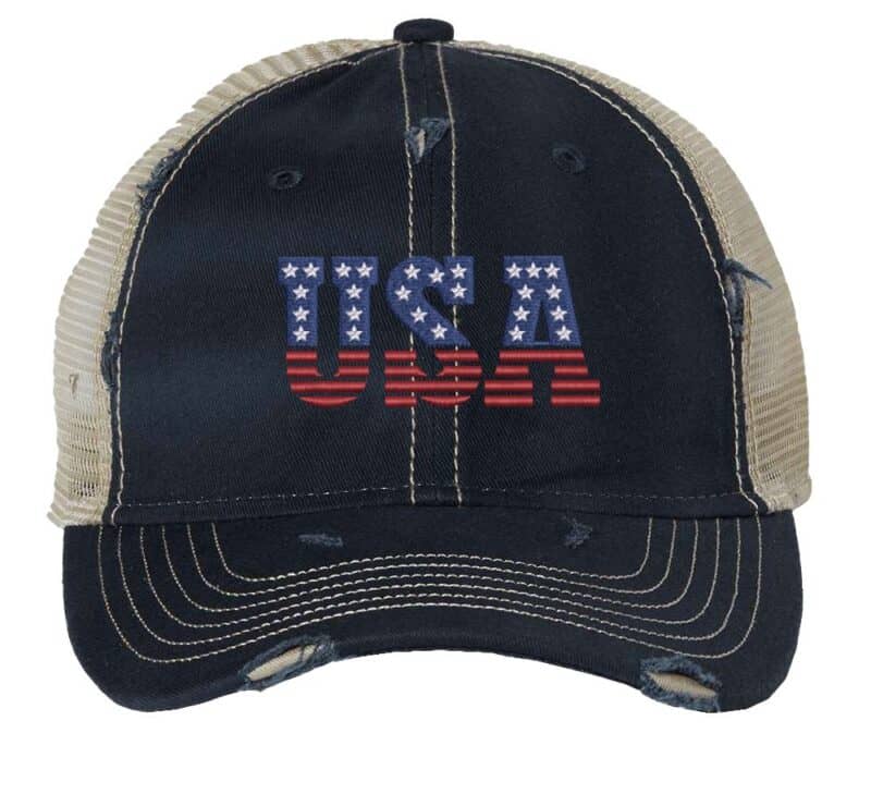 Distressed Trucker Hat with Embroidered USA in American Flag Colors - Mesh Strapback Cap
