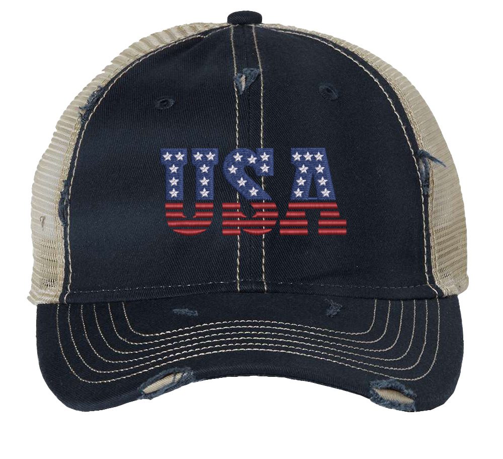 Distressed Trucker Hat with Embroidered USA in American Flag Colors - Mesh Strapback Cap