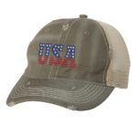 USA distressed trucker hat with weathered finish, embroidered USA lettering in red, white, and blue colors, mesh back and adjustable strapback closure