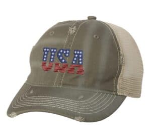 USA distressed trucker hat with weathered finish, embroidered USA lettering in red, white, and blue colors, mesh back and adjustable strapback closure