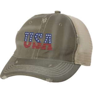 Distressed Trucker Hat with Embroidered USA in American Flag Colors - Mesh Strapback Cap