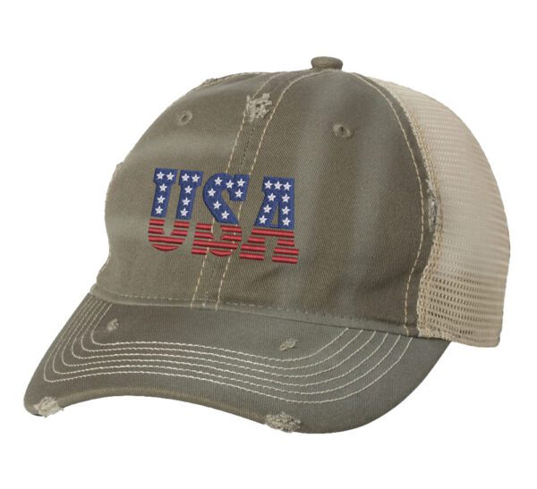 Distressed Trucker Hat with Embroidered USA in American Flag Colors - Mesh Strapback Cap