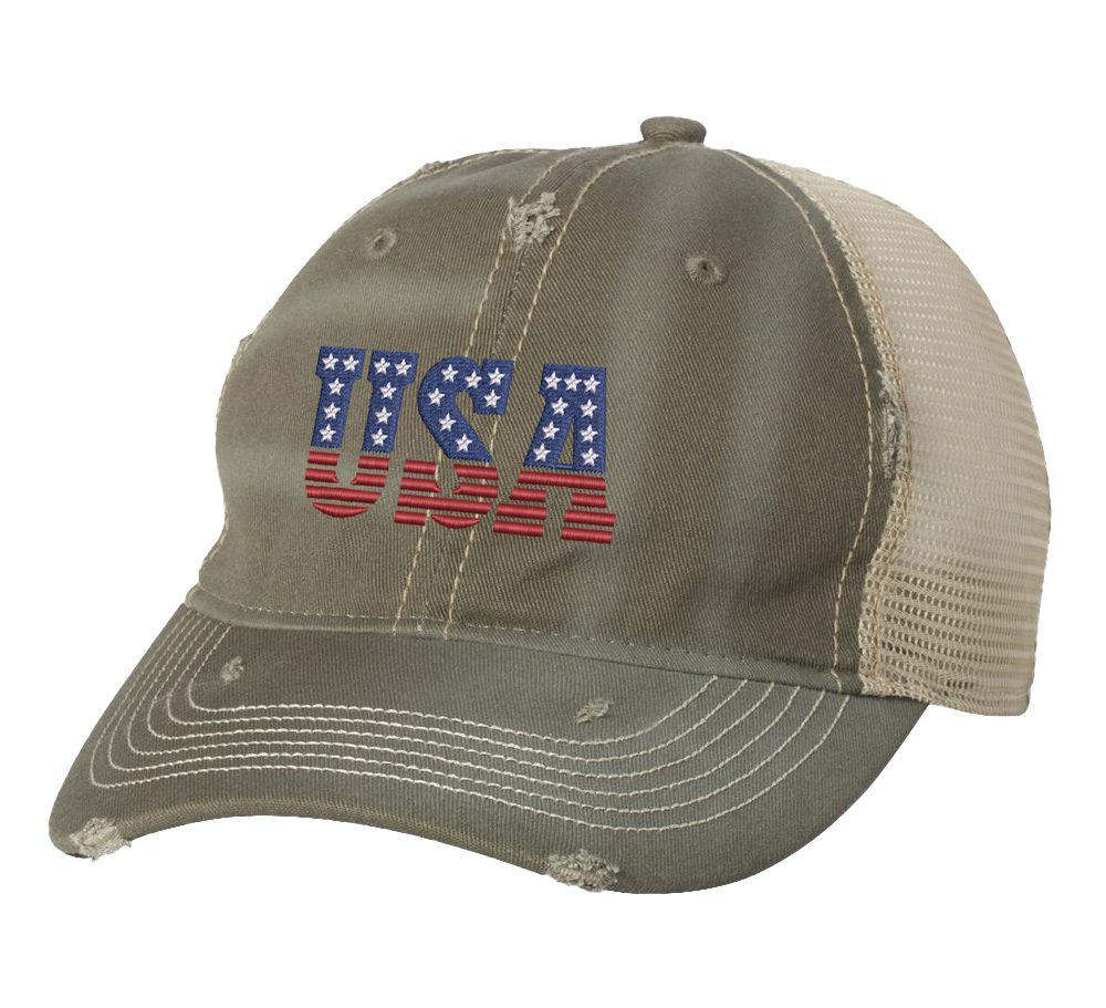 USA distressed trucker hat with weathered finish, embroidered USA lettering in red, white, and blue colors, mesh back and adjustable strapback closure