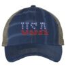 Distressed Trucker Hat with Embroidered USA in American Flag Colors - Mesh Strapback Cap