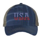 Distressed Trucker Hat with Embroidered USA in American Flag Colors - Mesh Strapback Cap