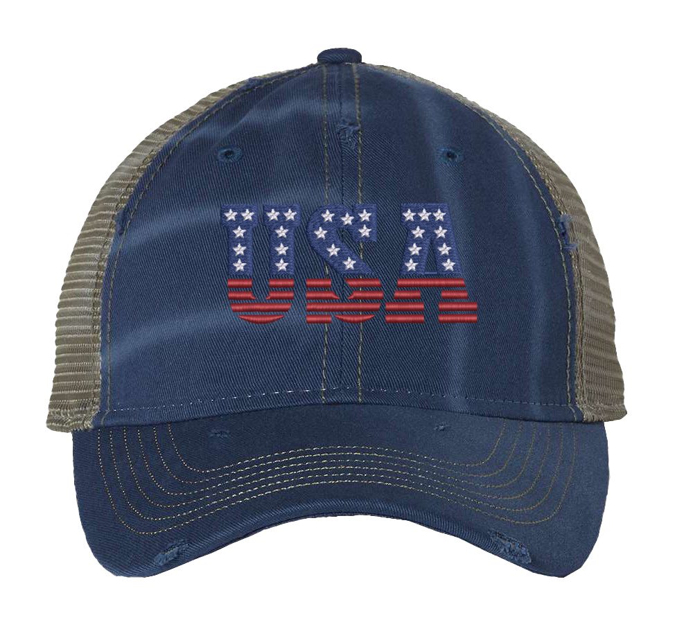 Distressed Trucker Hat with Embroidered USA in American Flag Colors - Mesh Strapback Cap