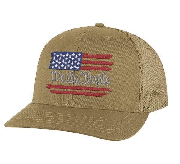 We The People Snapback Hat with distressed American flag design
