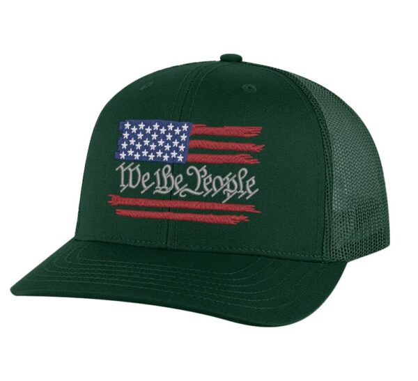 2."Patriotic trucker cap featuring 'We The People' embroidered across the flag"