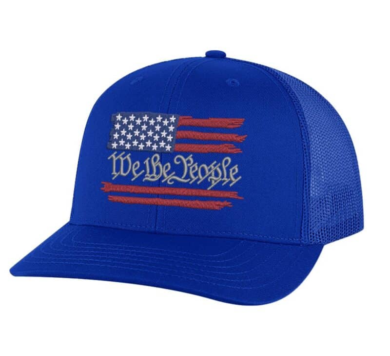 "Embroidered distressed flag hat with 'We The People,' perfect for patriotic events"