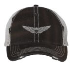 Distressed Army Aviation Trucker Hat with embroidered US Army Aviation Pilot Wings in silver, mesh back, and strapback closure – Patriotic Military Cap for Veterans and Pilots