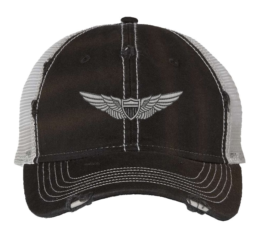 Distressed Army Aviation Trucker Hat with embroidered US Army Aviation Pilot Wings in silver, mesh back, and strapback closure – Patriotic Military Cap for Veterans and Pilots
