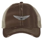 Distressed Army Aviation Trucker Hat with embroidered US Army Aviation Pilot Wings in silver, mesh back, and strapback closure – Patriotic Military Cap for Veterans and Pilots