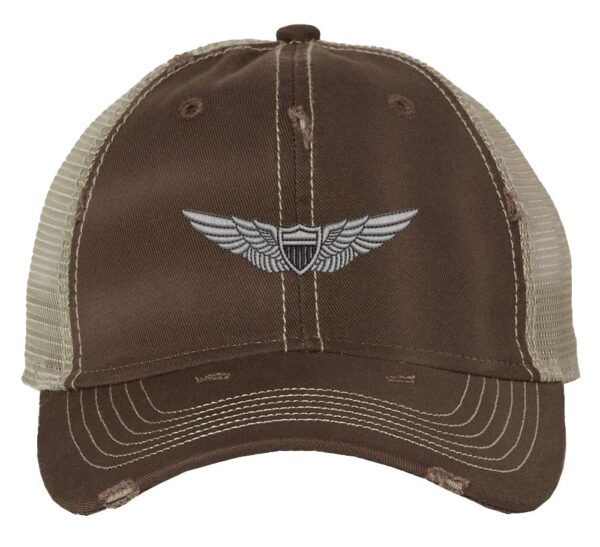 Distressed Army Aviation Trucker Hat with embroidered US Army Aviation Pilot Wings in silver, mesh back, and strapback closure – Patriotic Military Cap for Veterans and Pilots