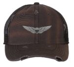 Distressed Army Aviation Trucker Hat with embroidered US Army Aviation Pilot Wings in silver, mesh back, and strapback closure – Patriotic Military Cap for Veterans and Pilots