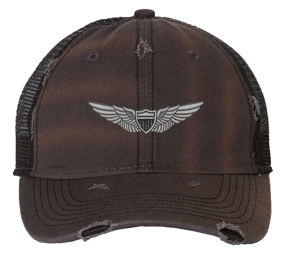 Distressed Army Aviation Trucker Hat with embroidered US Army Aviation Pilot Wings in silver, mesh back, and strapback closure – Patriotic Military Cap for Veterans and Pilots