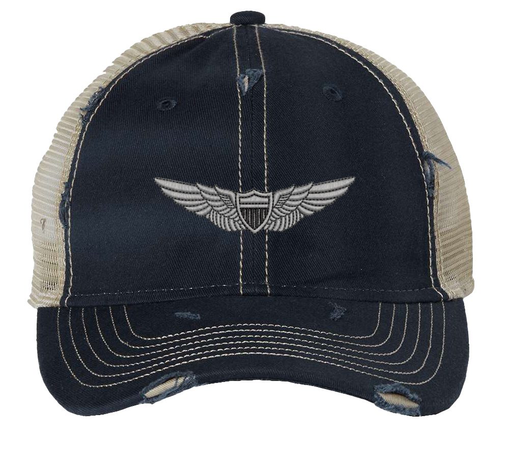 Distressed Army Aviation Trucker Hat with embroidered US Army Aviation Pilot Wings in silver, mesh back, and strapback closure – Patriotic Military Cap for Veterans and Pilots